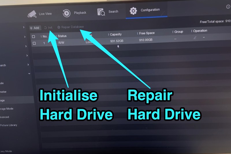 where to find the initialise and repair data base function when you plug in a monitor to a hikvision DVR or NVR